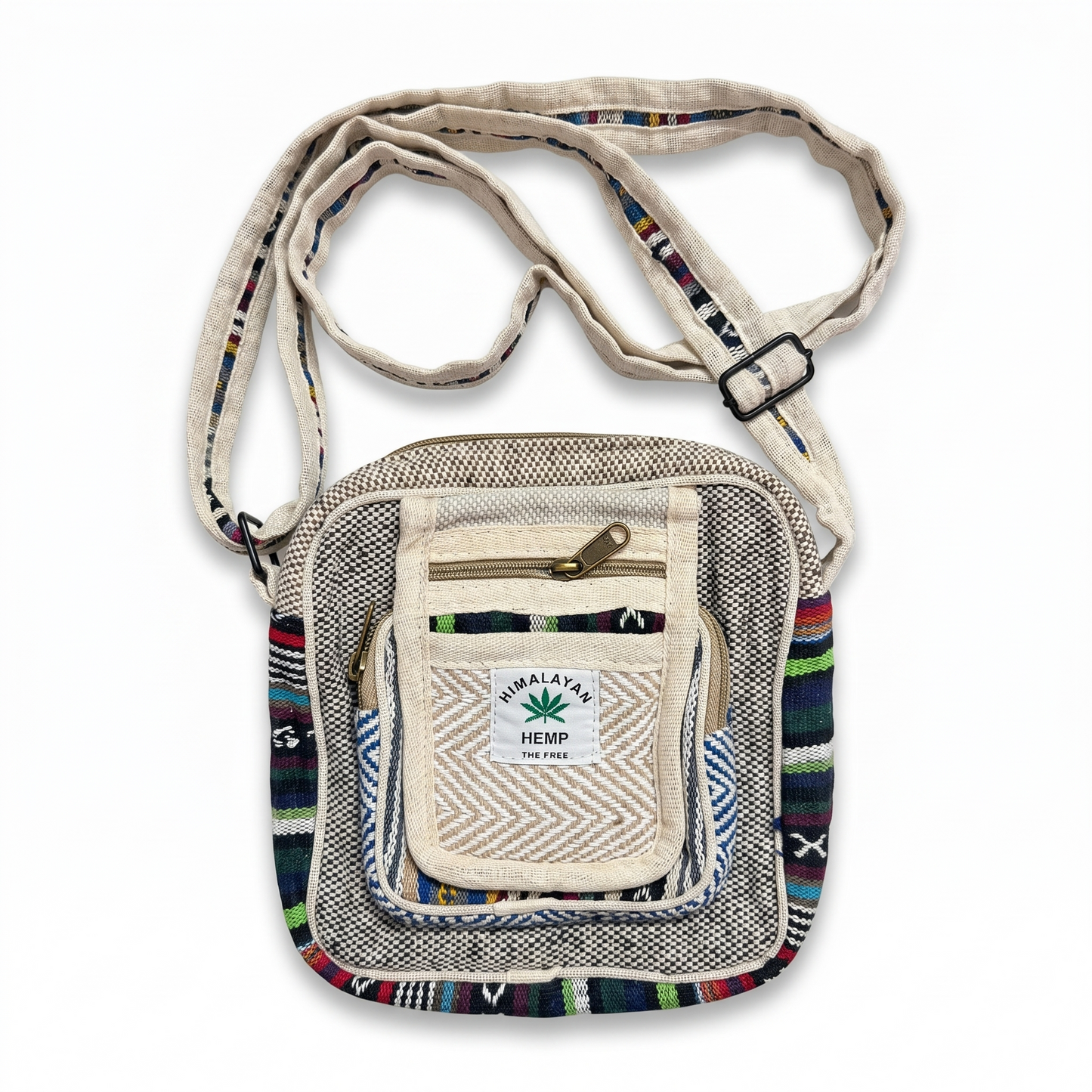 Multicolor hemp sling bag with adjustable strap, front zipper pocket, woven pattern, and Himalayan hemp label