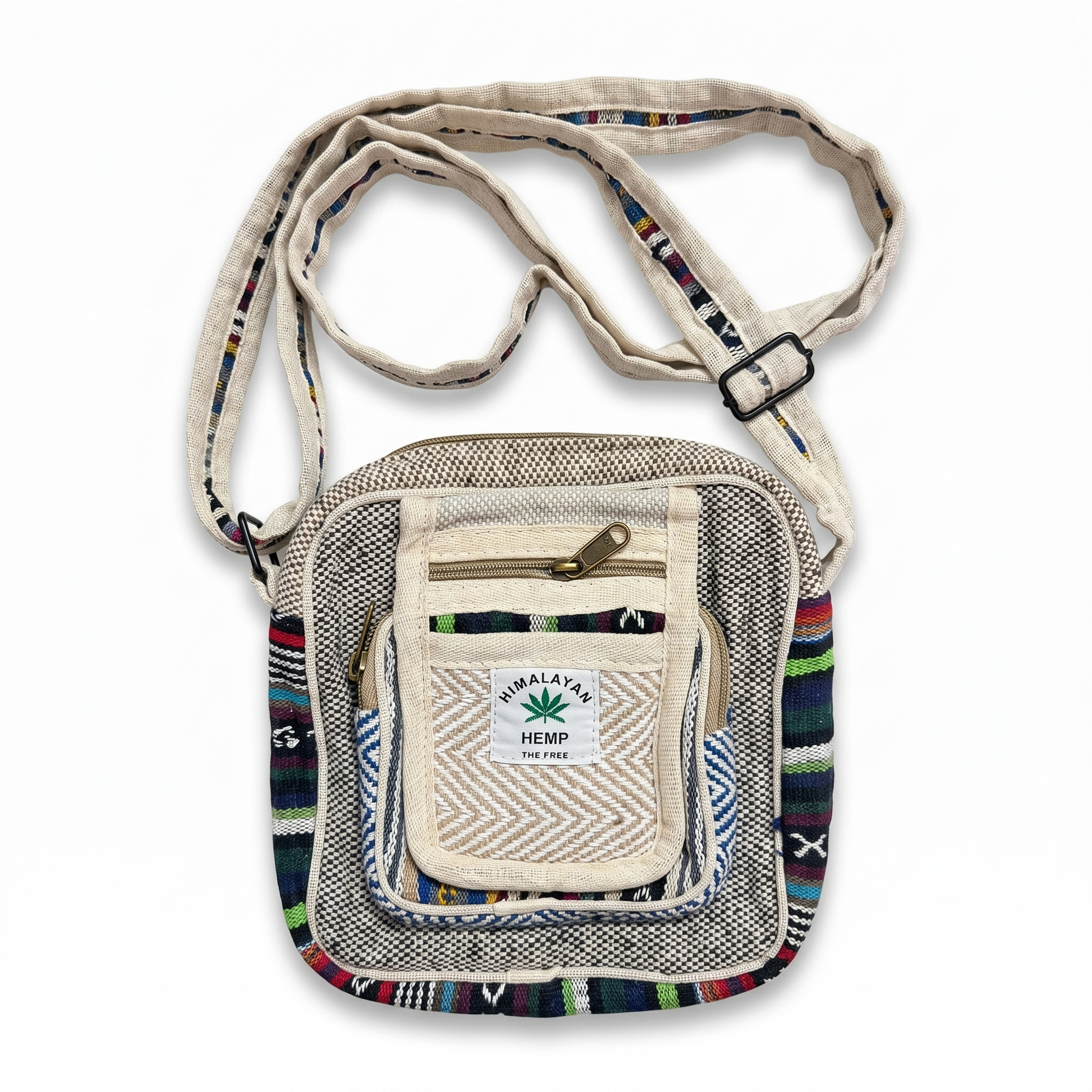 Multicolor hemp sling bag with adjustable strap, front zipper pocket, woven pattern, and Himalayan hemp label