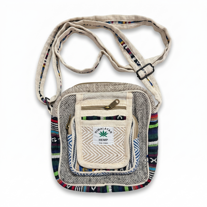 Multicolor hemp sling bag with adjustable strap, front zipper pocket, woven pattern, and Himalayan hemp label