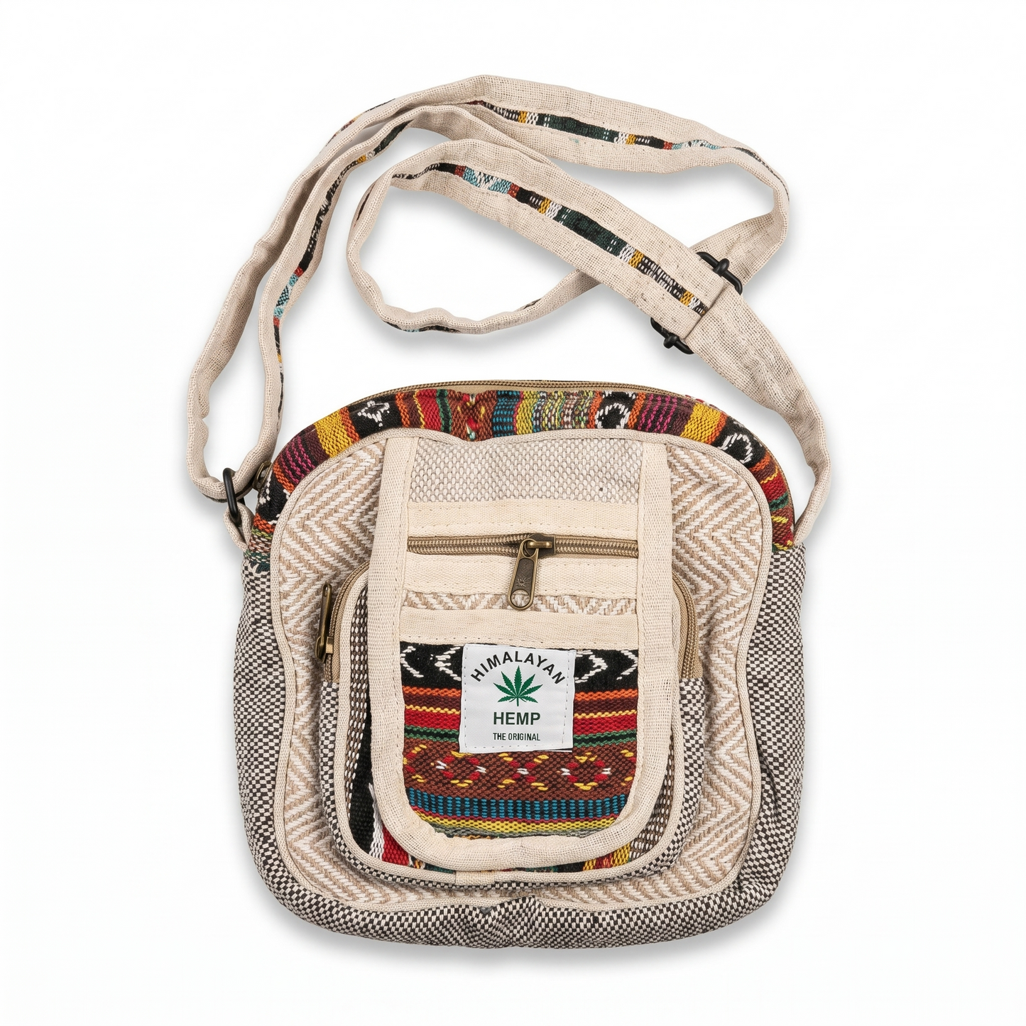 Multicolor hemp sling bag with adjustable strap, front zipper pocket, woven pattern, and Himalayan hemp label