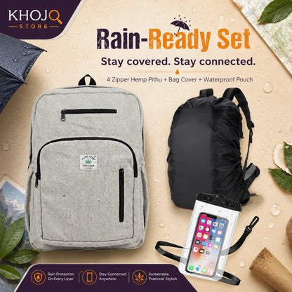 Rain-Ready Set — 4 Zipper Hemp Pithu + Bag Cover + Waterproof Pouch - Hemp Bags - Khojo Store