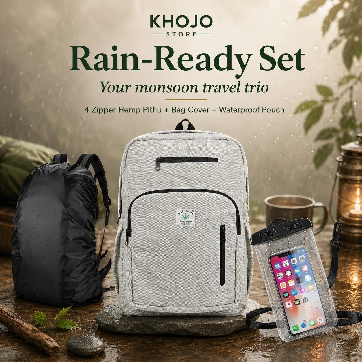 Rain-Ready Set — 4 Zipper Hemp Pithu + Bag Cover + Waterproof Pouch - Hemp Bags - Khojo Store