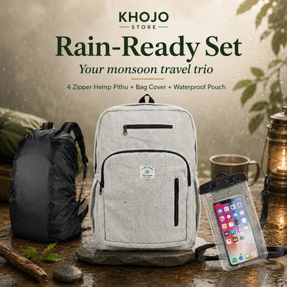 Rain-Ready Set — 4 Zipper Hemp Pithu + Bag Cover + Waterproof Pouch - Hemp Bags - Khojo Store