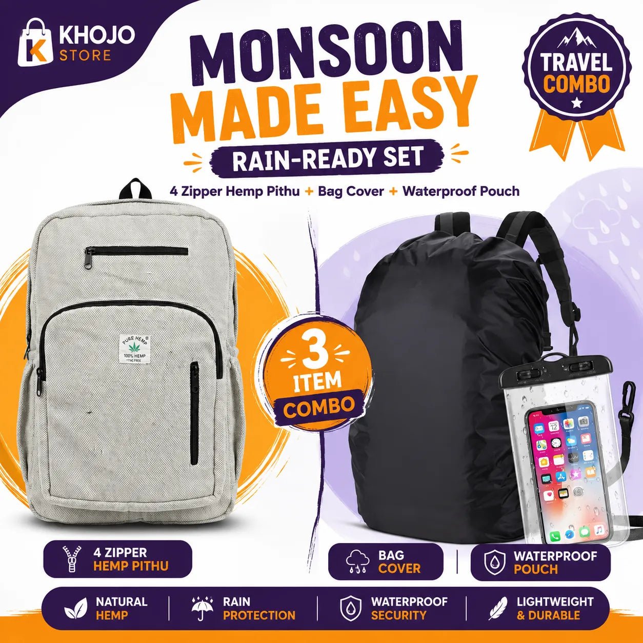 Rain-Ready Set — 4 Zipper Hemp Pithu + Bag Cover + Waterproof Pouch - Hemp Bags - Khojo Store