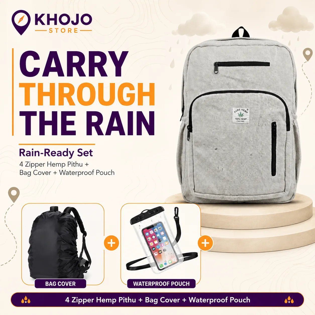 Rain-Ready Set — 4 Zipper Hemp Pithu + Bag Cover + Waterproof Pouch - Hemp Bags - Khojo Store