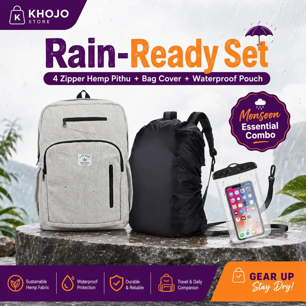 Rain-Ready Set — 4 Zipper Hemp Pithu + Bag Cover + Waterproof Pouch - Hemp Bags - Khojo Store
