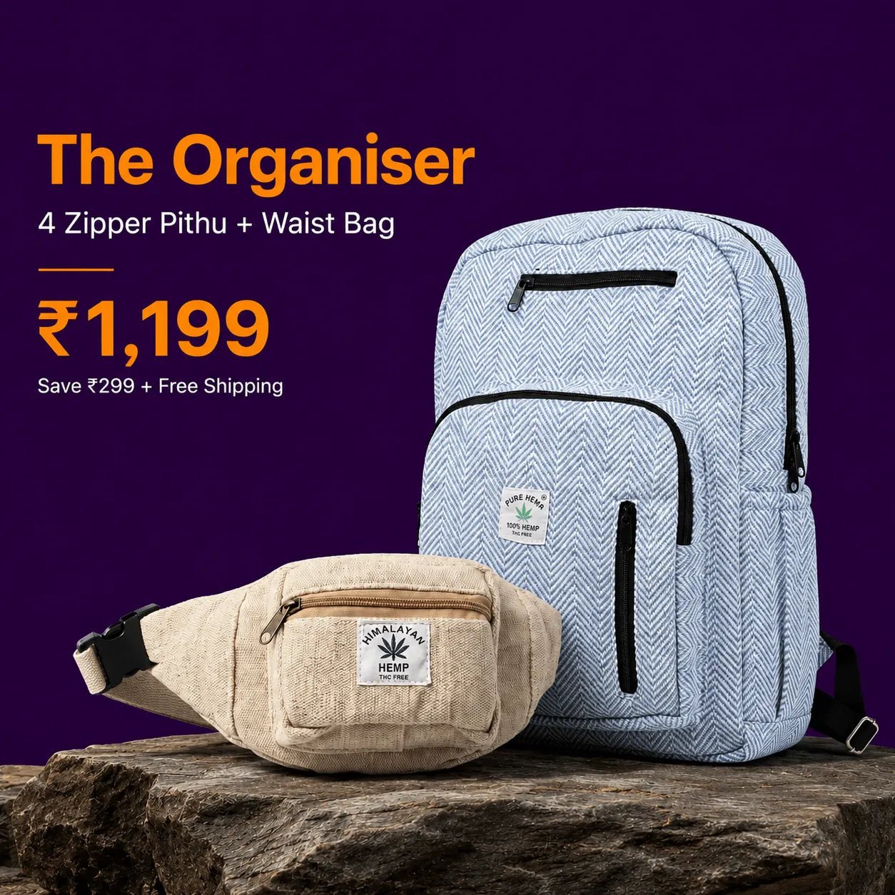 The Organiser — 4 Zipper Hemp Pithu + Waist Bag | Khojo - Hemp Bags - Khojo Store