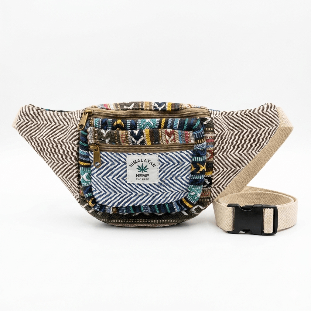 Hemp Waist Bag and Pithu Backpack packed for a trek, Khojo