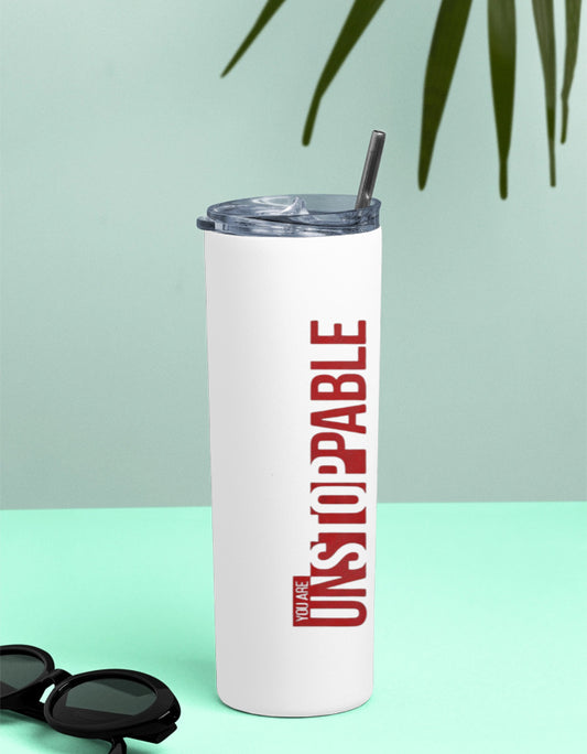 White stainless travel tumbler bottle with text design.jpg