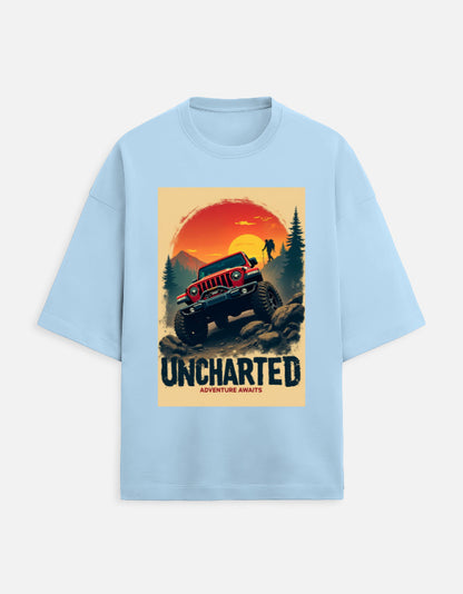 baby blue unisex terry oversized travel t-shirt withadventure graphic design