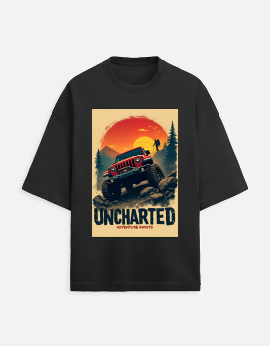 black unisex terry oversized travel t-shirt with adventure graphic design