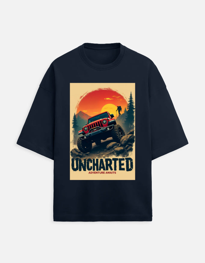 dark blue unisex terry oversized travel t-shirt with adventure graphic design