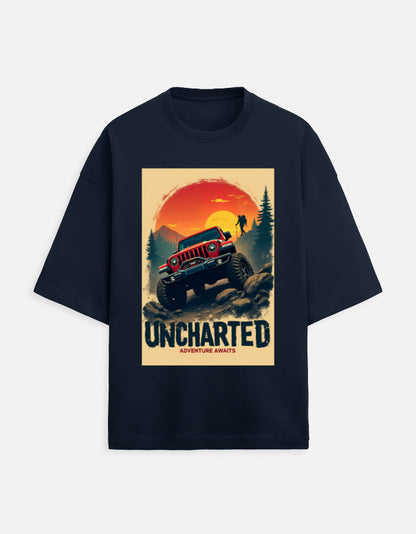 dark blue unisex terry oversized travel t-shirt with adventure graphic design