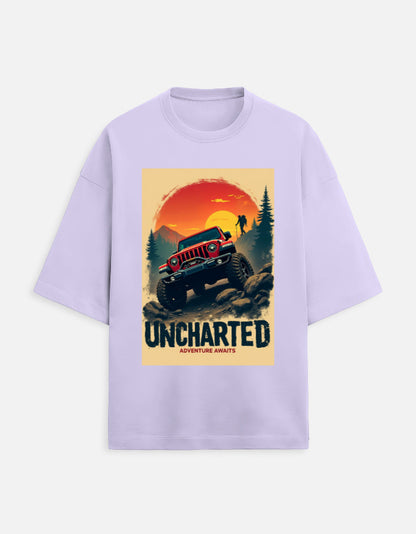 lavender unisex terry oversized travel t-shirt with adventure graphic design