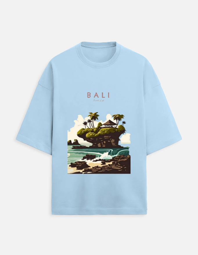 baby blue unisex terry oversized travel t-shirt with bali graphic design