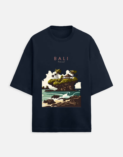 dark blue unisex terry oversized travel t-shirt with bali graphic design