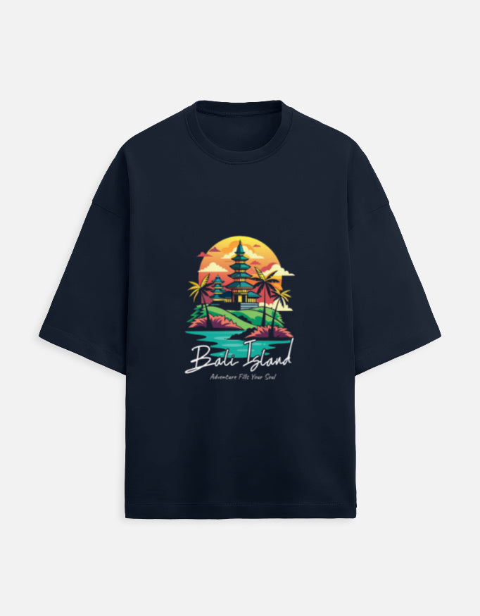 dark blue unisex terry oversized travel t-shirt with bali island graphic design
