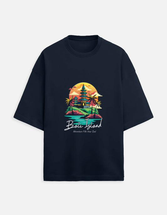 dark blue unisex terry oversized travel t-shirt with bali island graphic design