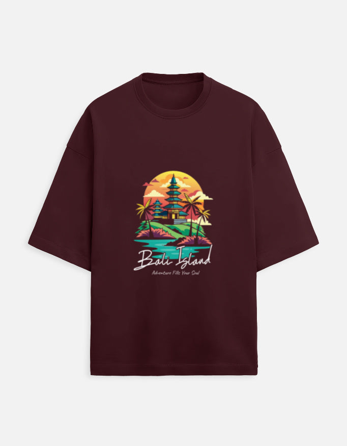 maroon unisex terry oversized travel t-shirt with bali island graphic design