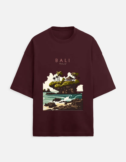 maroon unisex terry oversized travel t-shirt with bali graphic design