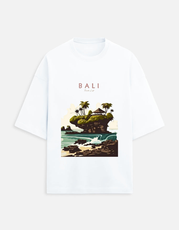 White unisex terry oversized travel t-shirt with bali graphic design