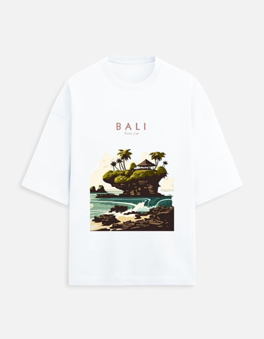 White unisex terry oversized travel t-shirt with bali graphic design