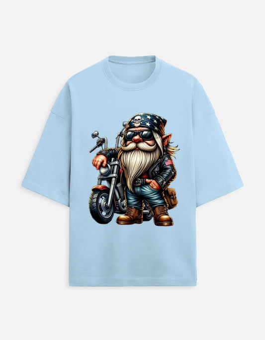baby blue unisex terry oversized travel t-shirt with bike-ride graphic design