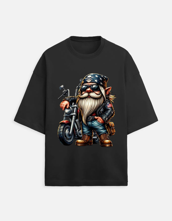 black unisex terry oversized travel t-shirt with bike-ride graphic design