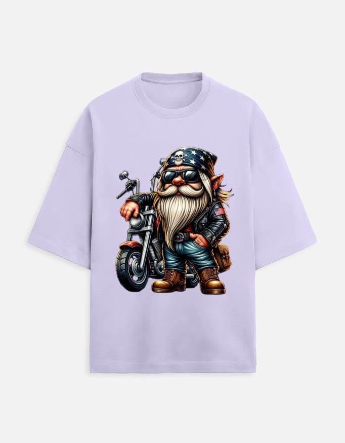 lavender unisex terry oversized travel t-shirt with bike-ride graphic design