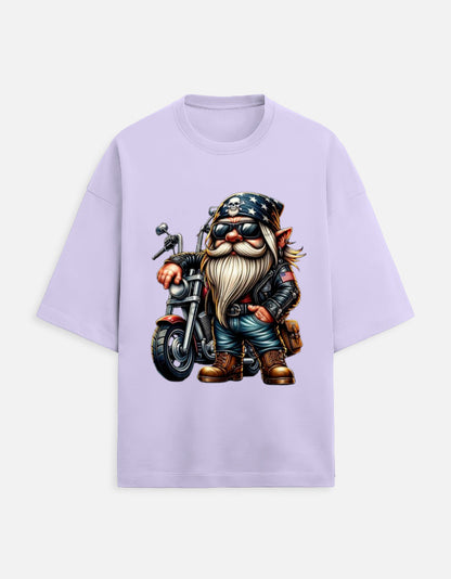 lavender unisex terry oversized travel t-shirt with bike-ride graphic design