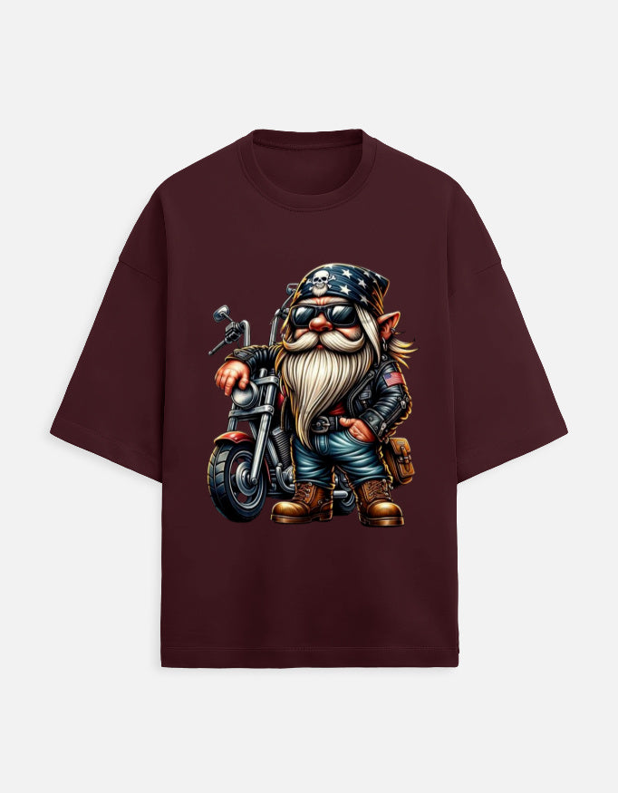 maroon unisex terry oversized travel t-shirt with bike-ride graphic design