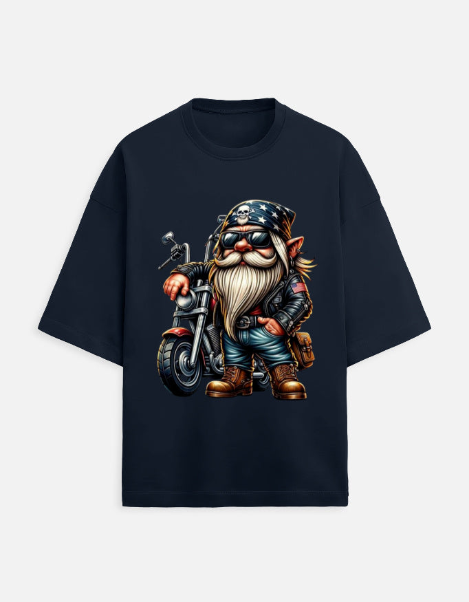 navy blue unisex terry oversized travel t-shirt with bike-ride graphic design