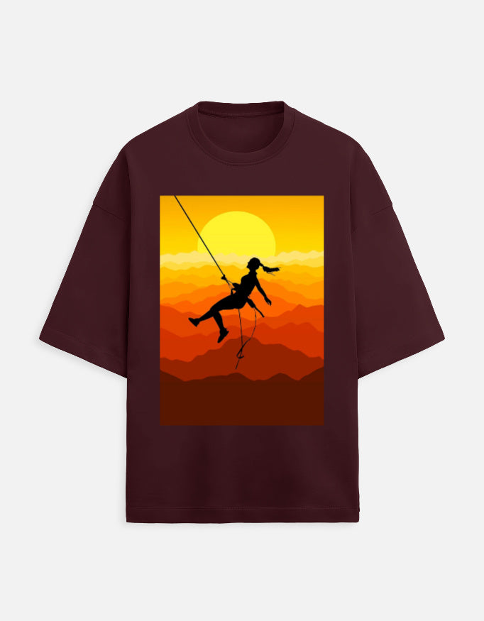 maroon unisex terry oversized travel t-shirt with bunji jumping graphic design