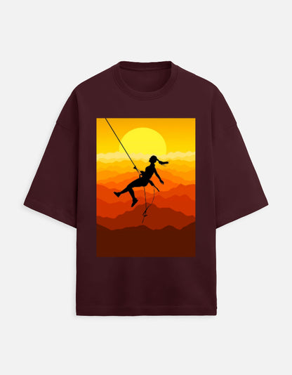 maroon unisex terry oversized travel t-shirt with bunji jumping graphic design