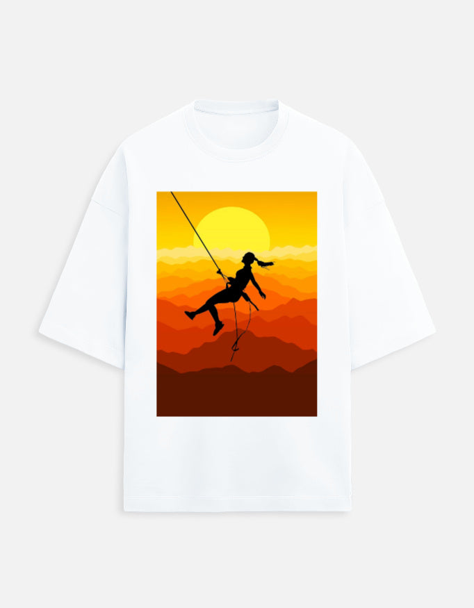 white unisex terry oversized travel t-shirt with bunji jumping graphic design