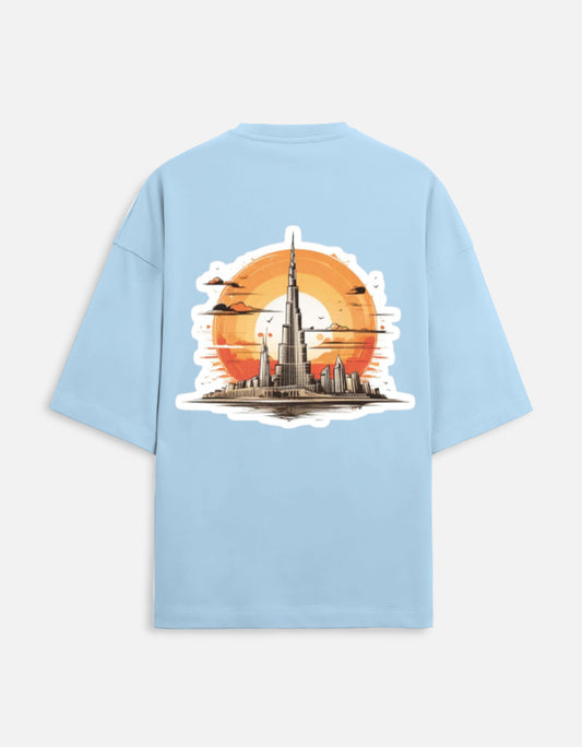 baby blue unisex terry oversized travel t-shirt with burj khalifa graphic design