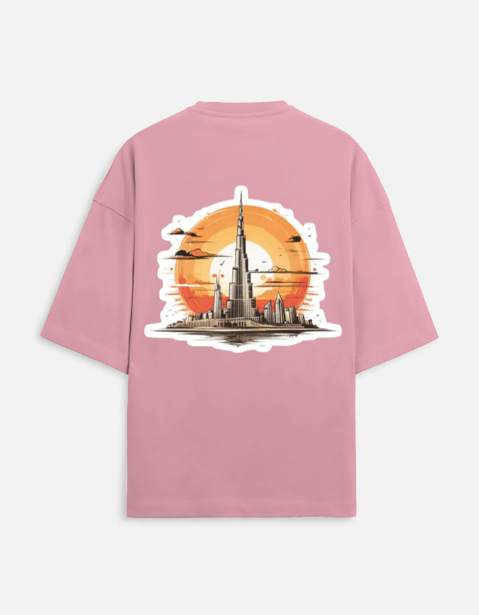 flamingo unisex terry oversized travel t-shirt with burj khalifa graphic design