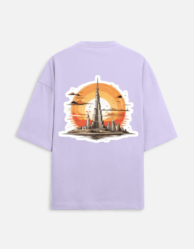 lavender unisex terry oversized travel t-shirt with burj khalifa graphic design