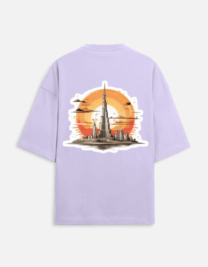 lavender unisex terry oversized travel t-shirt with burj khalifa graphic design