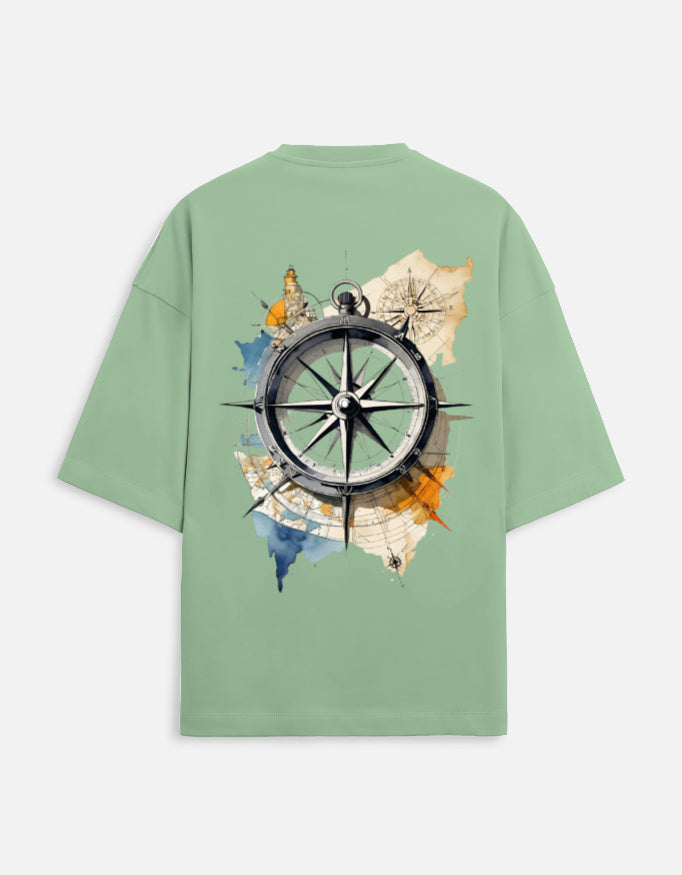 jade unisex terry oversized travel t-shirt with compass graphic design