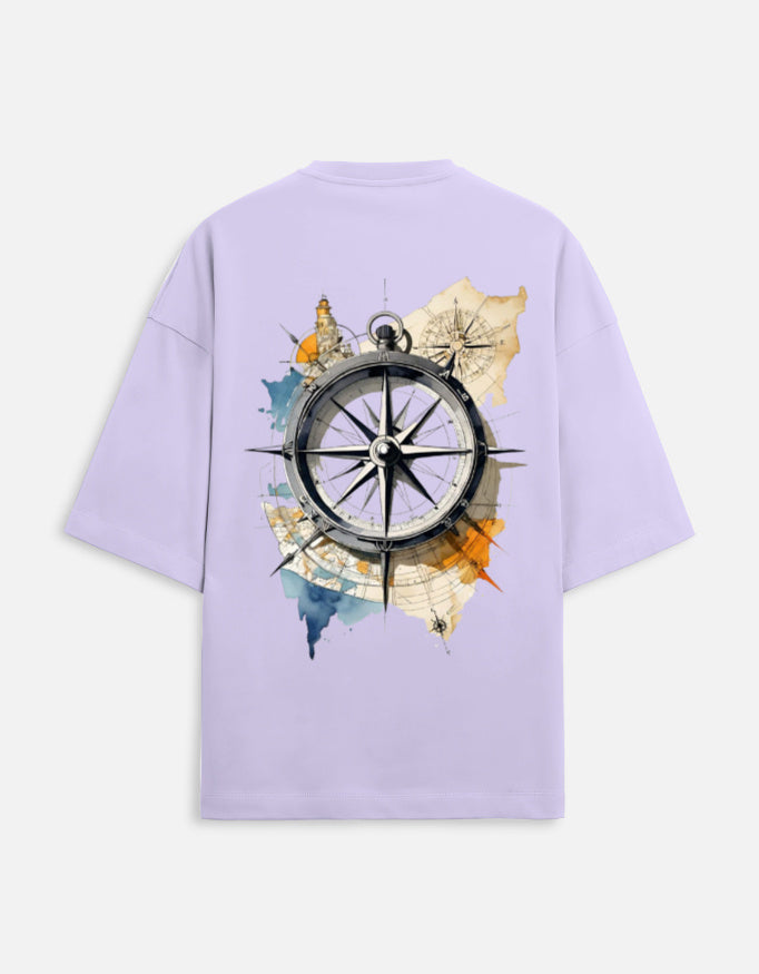 lavender unisex terry oversized travel t-shirt with compass graphic design
