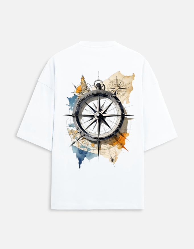 White unisex terry oversized travel t-shirt with compass graphic design