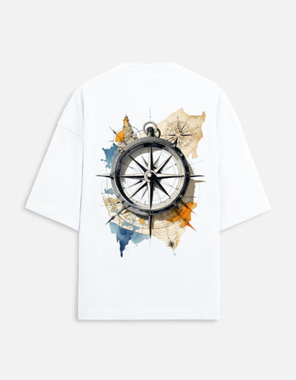 White unisex terry oversized travel t-shirt with compass graphic design