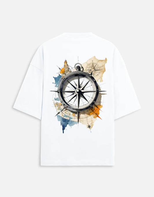 White unisex terry oversized travel t-shirt with compass graphic design