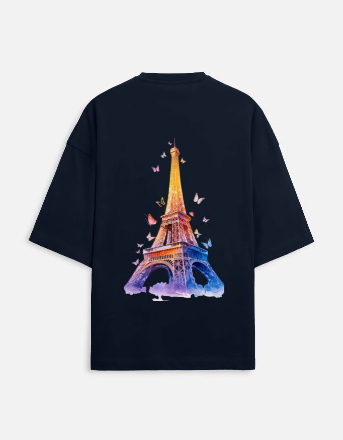 dark blue unisex terry oversized travel t-shirt with eiffel tower graphic design