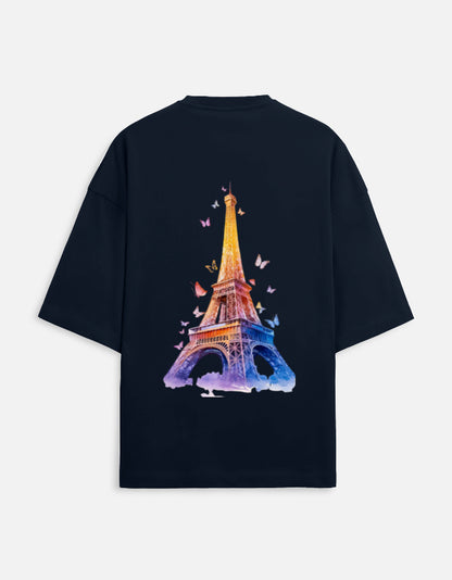 dark blue unisex terry oversized travel t-shirt with eiffel tower graphic design