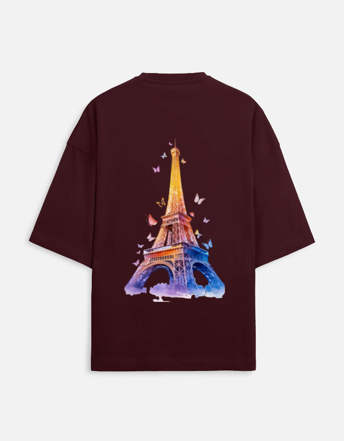 maroon unisex terry oversized travel t-shirt with eiffel tower graphic design