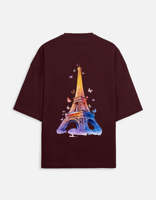 maroon unisex terry oversized travel t-shirt with eiffel tower graphic design