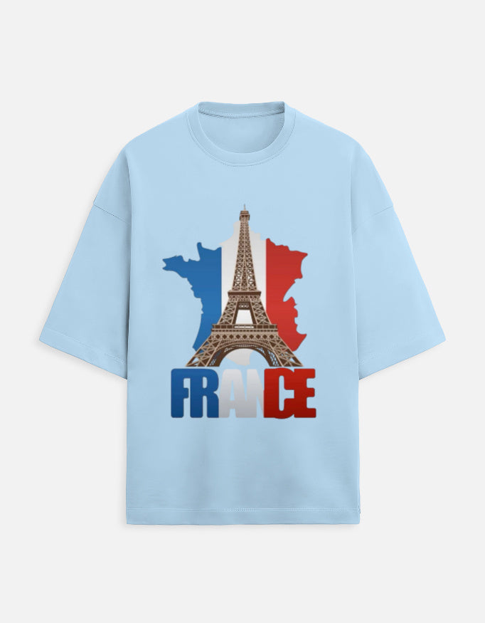 baby blue unisex terry oversized travel t-shirt with france graphic design