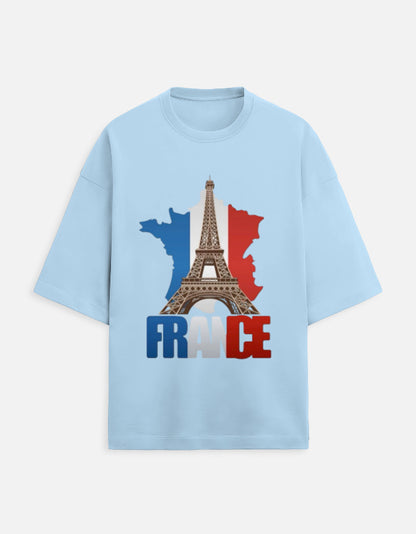 baby blue unisex terry oversized travel t-shirt with france graphic design